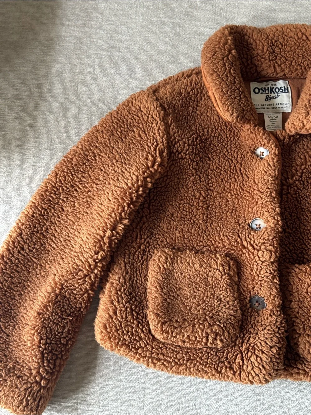 OshKosh B’gosh Teddy Sherpa Jacket Brown Cozy Fleece Coat Toddler Girls Size 5T